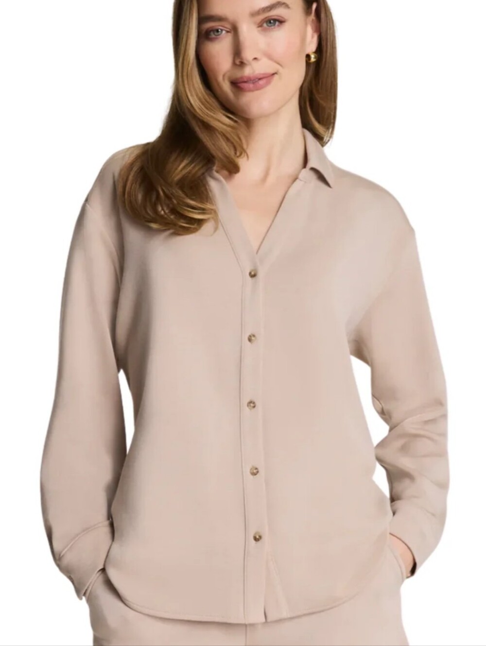 SPANX AirEssentials Oversized Button Down Shirt Dune Beige M